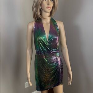 AKIRA Purple Multi Metallic Halter Mini Dress Open Back Party Club Dress Sz. Sm